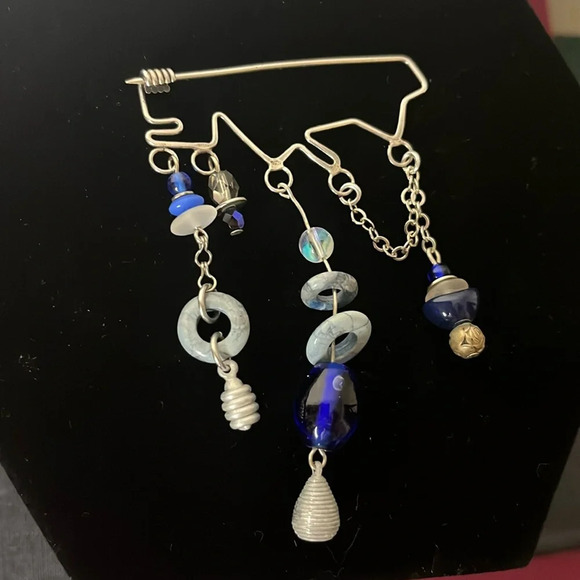 One of a Kind Handmade Sterling Silver Blue Glass Bead Dangle Safety Pin Brooch - Picture 1 of 7